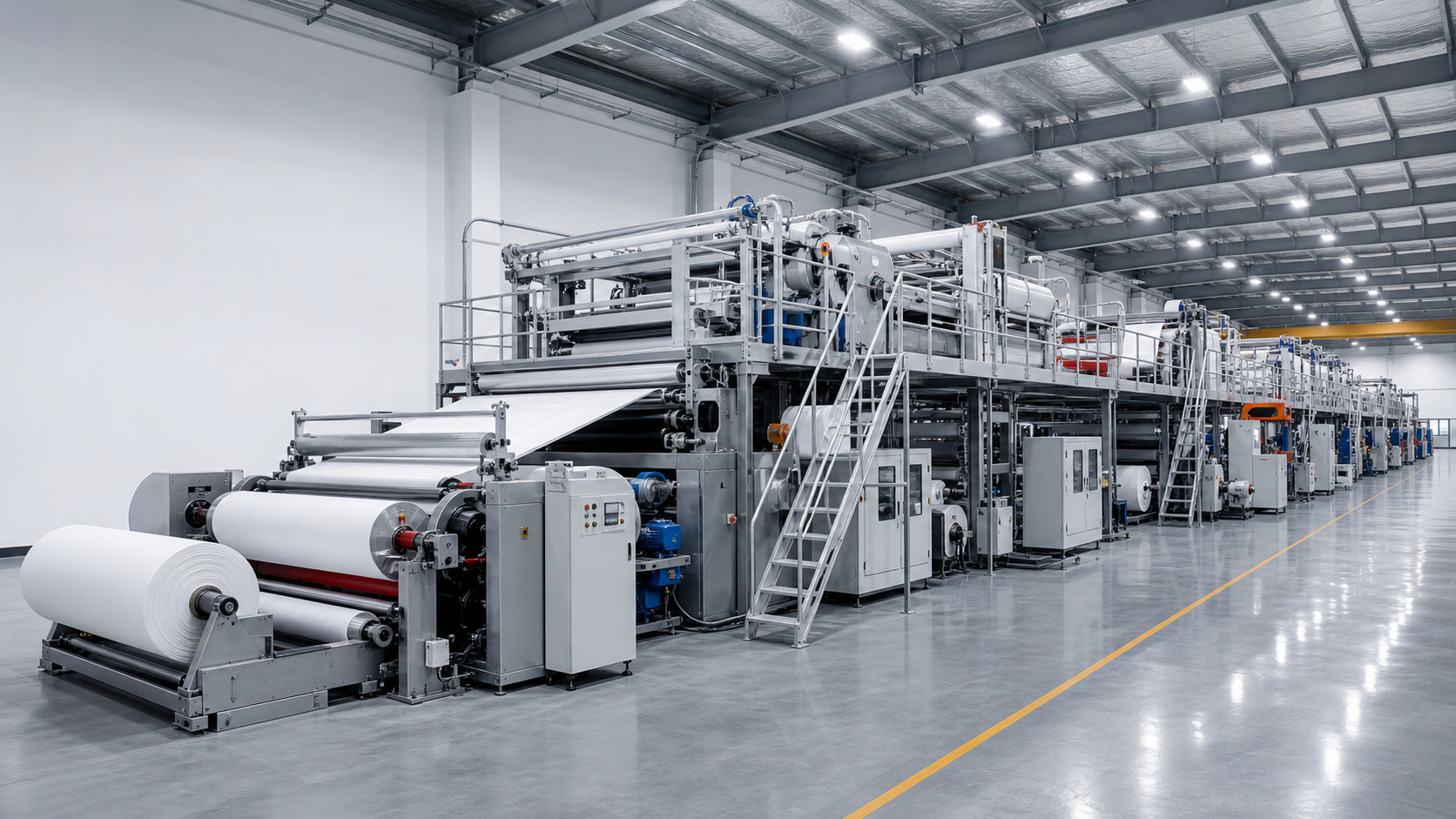 Turnkey nonwoven production line in a clean industrial workshop
